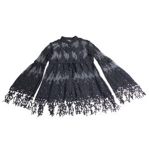 Gothic Top Womens M Black Crochet Fringe Bell Sleeve Sheer Tunic Witch Fairy Y2K
